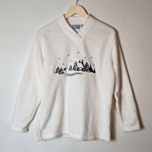 Croft & Barrow Sport Medium Fleece Pullover Cream Winter Cabin Embroidered